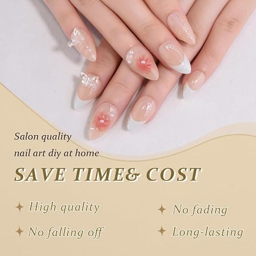 evpct 3D Nude Pink Handmade Press On Nails Almond Short, 3D Flower Butterfly Design Fake Nails Rusable for Spring & Summer Daily Wear, False Acrylic Nail with Glue Press ons Nail for Women Gift 30Pcs thumbnail 4