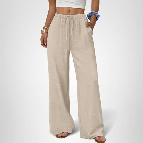 Sampeel Wide Leg Pants for Women Flowy Palazzo Drawstring Elastic Waist Trousers with Pockets Summer Beach Vacation Clothes thumbnail 6