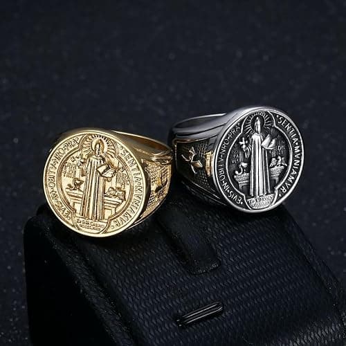 Carved St Benedict Signet Ring for Men,14K Gold Plated Stainless Steel Pinky Ring Christian Catholic Ring Jesus San Benito Protection Ring Religious Chi Rho Crucifix Jewelry… thumbnail 4