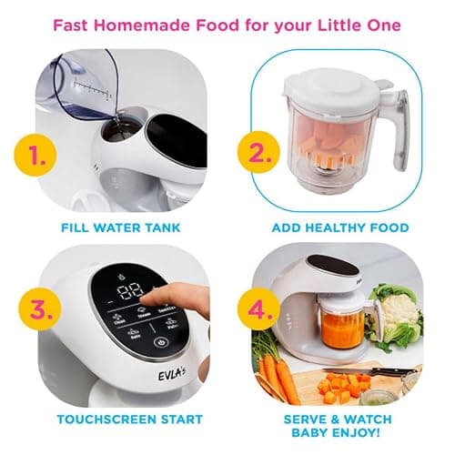 EVLA'S Baby Food Maker, Steamer, Blender, Baby Food Processor for Healthy Homemade Baby Food in Minutes, Touch Screen with 6 Reusable Food Pouches, Baby Registry Essential, White thumbnail 5