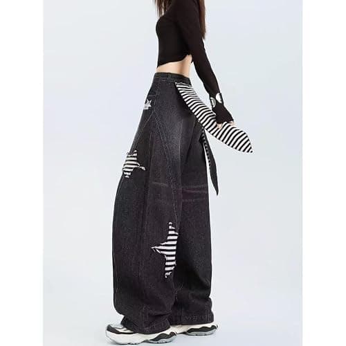 INFENU American Men's Women's Retro Star Patch Wide Leg Jeans, Personalized Design Loose Y2K Hip-hop Couple Casual Pants thumbnail 4