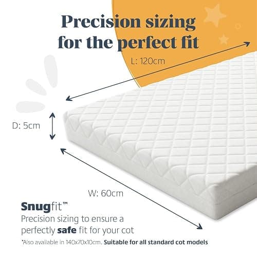 Mother Nurture Classic Eco Fibre Cot Bed Mattress - Reversible, Water Resistant, Baby Cot Mattress, Firm & Supportive, Hypoallergenic Easy Clean Quilted Cover, White, BSI Tested - Size 120 x 60 x 5cm thumbnail 2