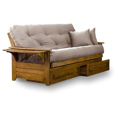 Nirvana Futons Brentwood Tray Arm Futon Frame, Drawers, and Microfiber Khaki Mattress Set - Queen, Heritage Finish thumbnail 3
