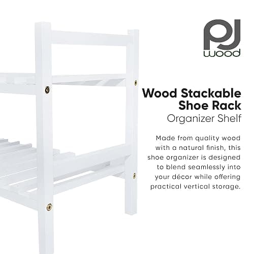 PJ Wood - Stackable White Wooden Shoe Rack - 2 Tier, 6 Pair | 29.1 x 29.1 x 15.7 in, Freestanding Floor Mount, No Assembly Required, Polished Waxed Finish, Rectangular Design, Hallway thumbnail 4