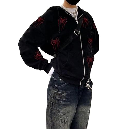 CEINOM Rhinestones Red Spider Y2k Hoodie Men Women Full Zip Up Hoodie Oversized Jacket Black Gothic Punk Sweatshirts thumbnail 4