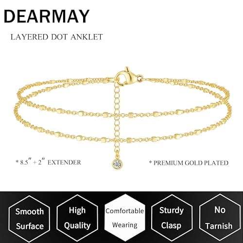 DEARMAY Dainty 14K Gold Plated Ankle Bracelets for Women, Waterproof 14K Gold Plated Link Chain Anklets Non Tarnish Set Pack Summer Beach Jewelry Gift thumbnail 5