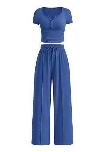 PRETTYGARDEN 2 Piece Outfit Ribbed Crop Top Wide Leg Pants Set | Matching Lounge Sets Clothing,Button Henley Shirts & Long Pants,Summer Beach Vacation Clothes,Cruise Airport Travel Outfits - Image 1