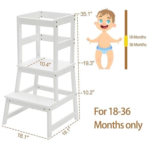 Kids Kitchen Step Stool for Kids with Safety Rail,Solid Wood Construction Toddler Learning Stool, Montessori Toddlers Kitchen Stool Tower (White) thumbnail 2