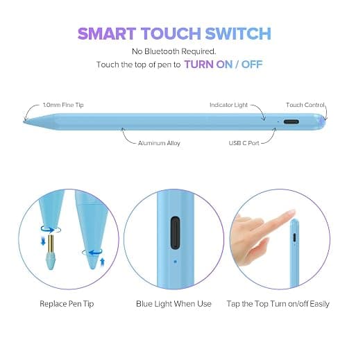 Stylus Pen for iPad with Palm Rejection, Active Pencil Compatible with (2018-2025) Apple iPad Pro (11"/12.9"/M4),iPad Air 3/4/5/M2/M3,iPad 6/7/8/9/10/11,iPad Mini 5/6 Gen(Blue) thumbnail 5