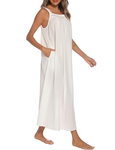 YOZLY Cotton Nightgowns for Women Embroidery Sleeveless Night Gown with Pockets S-XXXL thumbnail 3