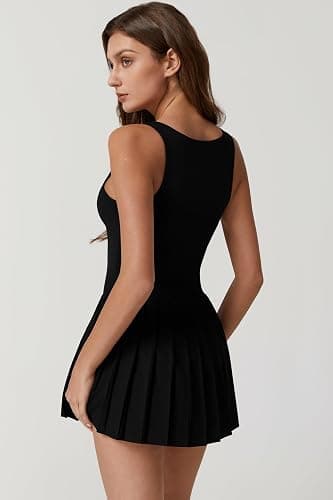 QINSEN Womens Square Neck Tennis Dress Pleated Sleeveless Built in Shorts Golf Athletic Dress with Pockets thumbnail 2
