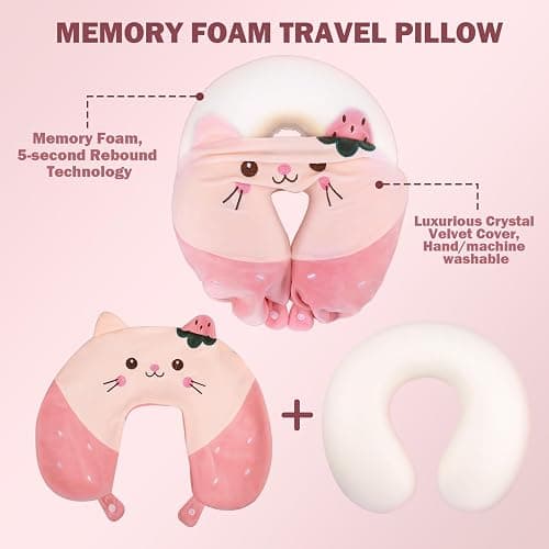 Fentar Neck Pillow for Travel, Memory Foam Kids Travel Pillow, Removable Travel Neck Pillow with Zips, Cute Cartoon Plane Pillow, Comfortable Adult Kids Travel Pillow for Airplane Camping Car Sleeping - Pink thumbnail 7