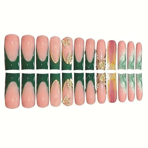 YoYoee Press on Nails -Luxury Long Fake Nails Coffin False Nails French Green Nails Butterfly Tips for Women and Girls 24Pcs thumbnail 3