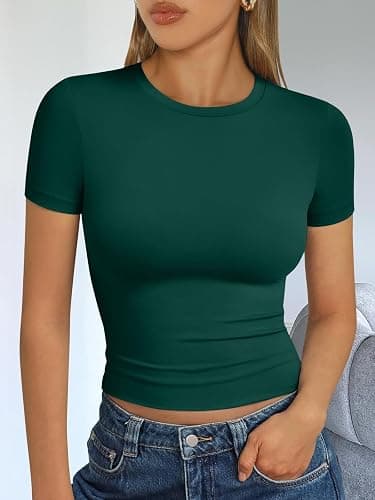 Trendy Queen Womens Short Sleeve T Shirts Summer Crop Tops Basic Slim Fit Gym Workout Y2k Clothes thumbnail 3