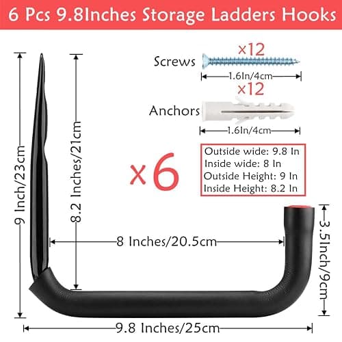 Naikozmo Garage Storage Ladders Hooks, 6 Pack Heavy Duty Utility Hanger, 9.8IN Wall Mount Rack Safely Holds 50 Pounds thumbnail 3