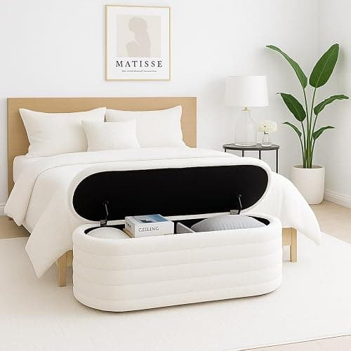OuchTek Teddy Sherpa Storage Ottoman Bench, Modern Upholstered Window Bench with Safety Hinge Lid, Oval White Ottoman for Living Room, Bedroom End of Bed thumbnail 8