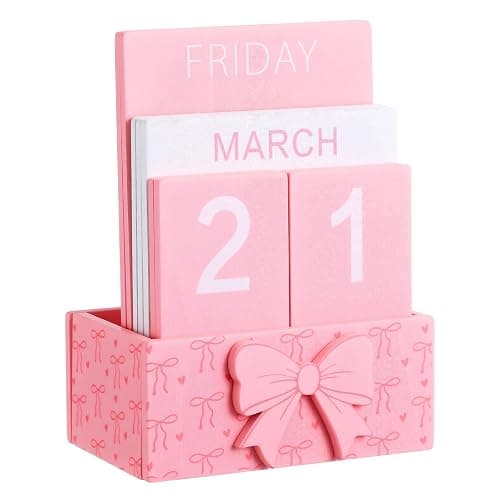 AceOrbit Pink Bow Wood Block Perpetual Calendar Coquettish Desk Decor Cute Month Week Date Display Decorative Block Calendar for Women Office Home Desk Gift for Women - Image 1