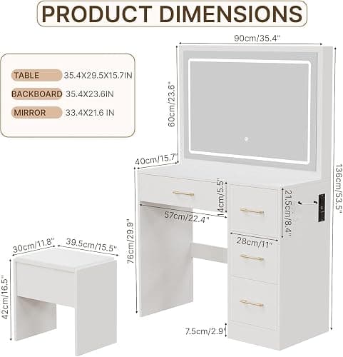 Vanity Desk with LED Mirror, 4 Drawers, and Blow Dryer Rack – White Makeup Vanity with Smart Lighting, Comfortable Stool, and Plug Socket | Vanity Desk with Storage, Makeup Vanity with Drawers thumbnail 2