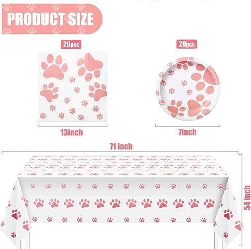 Pink Puppy Party Supplies - Includes 20 Paper Plates, 20 Napkins, 1 Tablecloth - Puppy Theme Birthday Decoration thumbnail 3