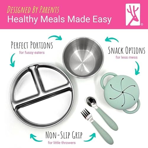 Elk and Friends Stainless Steel Mealtime Bundle with Sleeves | 10pc Set | Kids/Toddler Dinner Set | Silicone Sleeves | 7.8" Plates, Bowls, Snack Cups, Toddler Utensils | Travel Lids | Dishwasher Safe thumbnail 5
