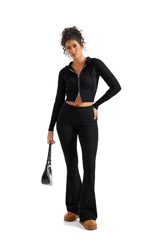 SUUKSESS Women 2 Piece Knit Sets Cropped Zip Up Hoodie Foldover Flare Leg Pants thumbnail 6