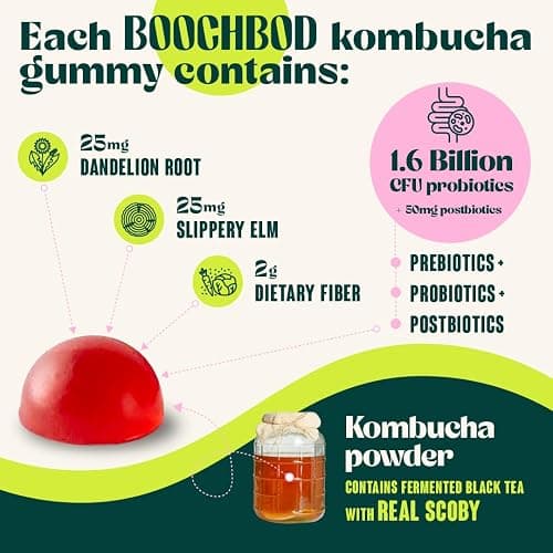 BoochBod - Probiotic Kombucha Gummy - Prebiotics, Probiotics, Postbiotics, Fiber Supplement, Slippery Elm, Dandelion Root, MCT Oil, for Bloating, Gut Health - Probiotics for Women and Men thumbnail 7