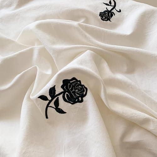 Sedefen Housse de Couette 140x200cm Volants Fleurs Broderies Parure de Lit Blanc Noir Feuille de Lotus 1 Personnes Ado Linge de Lit en Microfibre avec Fermeture Éclair et 1 Taie d'oreiller 65x65cm thumbnail 6