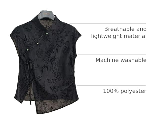 Women's Retro Chinese Style Cheongsam Top Summer Black Jacquard Short Sleeve Button Blouse T-Shirt thumbnail 4