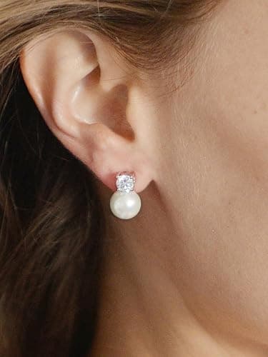 Mariell White Pearl Bridal Earrings with Cubic Zirconia Crystal Top, 9mm White Pearl Stud Earring, Perfect for Brides, Bridesmaids, Wedding Party and Everyday Wear thumbnail 7