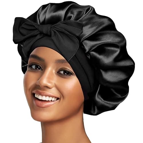 Silk Bonnet Satin Bonnet for Sleeping Large Bonnets with Tie Band Hair Wrap with Adjustable Straps Hair Cap for Women Curly Black - Image 1