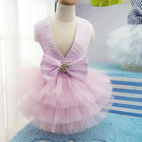 Dog Dresses, Fashion Pet Dog Clothes, Striped Mesh Puppy Dogs Princess Dresses (Pink, Small) thumbnail 8
