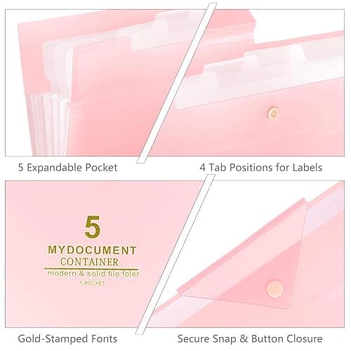 SKYDUE Accordion File Organizer, File Folders with 5 Pockets, Portable Document Organizer, Pink School Office Supplies thumbnail 4