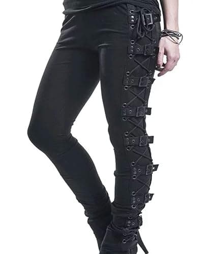 xxxiticat Women's Sexy Black Satin Side Lacing Solid Pants Long Bodycon High Waist Bandage Slim Thick Lace Up Leggings, Buckle-black, Medium - Image 1