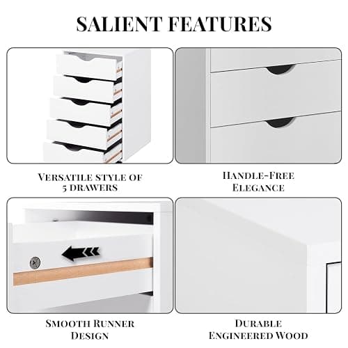 Naomi Home Taylor 5 Drawer Chest, Wood Storage Dresser Cabinet with Wheels, Craft Storage Organization, Makeup Drawer Unit for Closet, Office File Cabinet 180 lbs Total Capacity - White thumbnail 3