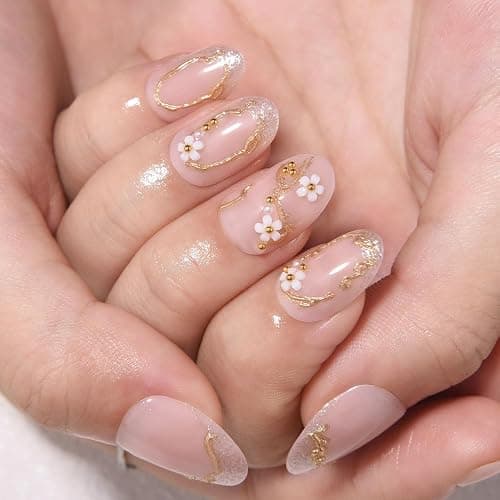 XZMeiLun French Gold Pearl White Flower Press on Nails, Short Round Acrylic Fake Nails Design, Natural Reusable Nails Kit for Women DIY False Nail Art Decoration Gift, Salon Quality Reusable 24 Pcs thumbnail 2