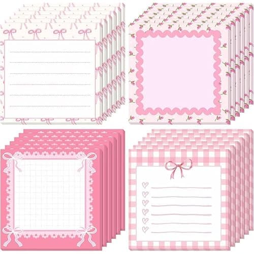 Eikovia 24Pcs Pink Sticky Notes with 20 Bow-Shaped Paperclips for Office Home Decor Party Supplies - Image 1