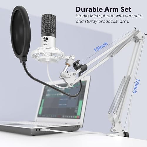 FIFINE USB Recording Microphone Kit, Studio Condenser Microphone for Vocals Music Creation, Voice-Over, Singing with Metal Boom Arm, 16mm Diaphragm, Podcast Mic Set-T669 White thumbnail 5