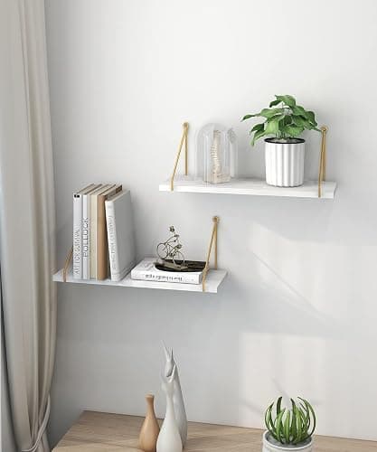 Afuly White Floating Shelves Wood for Wall Mounted with Metal Brackets Rustic Wooden Storage Accessories Shelf for Bathroom Kitchen Bedroom Living Room Office Plant Display, Set of 2 thumbnail 2