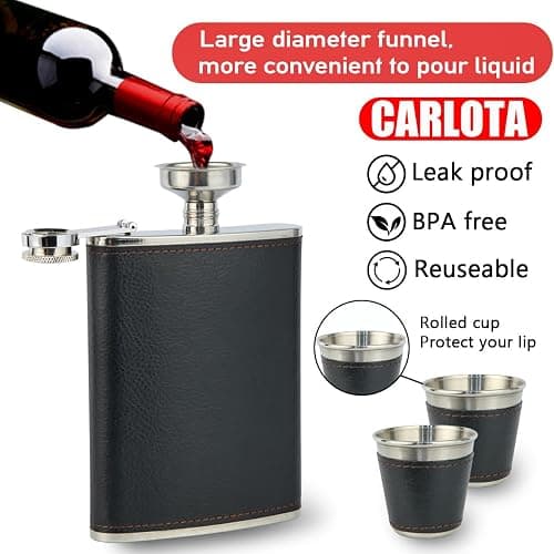 Hip Flask Gift Set, Hip Flasks for Liquor for Men with Black Leather Cover, 8 Oz Hip Flask Set, 18/8 Stainless Steel Hip Flasks for Liquor with 2 Cups & Funnel, Flasks for Liquor for Men Gift Box1 thumbnail 5