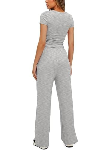 Darong Women's 2 Piece Set Outfits Lounge Sets Ruched Short Sleeve Tops High Waisted Wide Leg Pants Tracksuit Sets thumbnail 2