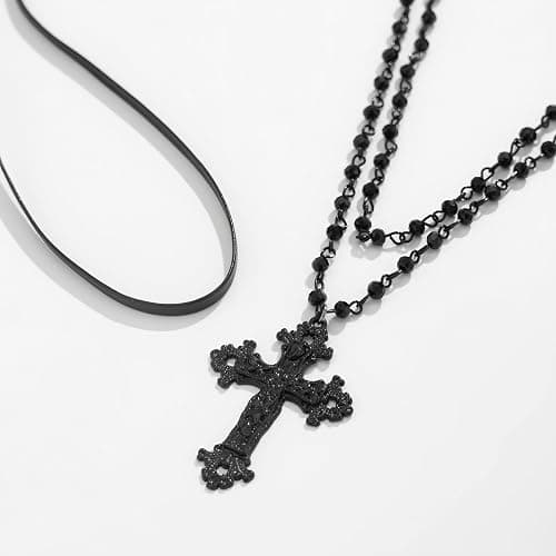 ZDPIQ Gothic Layered Cross Choker Necklace Black beaded Cross Pendant Choker Gothic Punk Emo Grunge Necklaces Christmas Halloween Costume Jewelry Gift for Women thumbnail 6