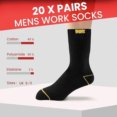 Bodygenix Men's Work Socks - Pack of 20 Breathable Heavy Duty Stretch Fit Reinforced Heel & Toe - Outdoor Multipack Performance Hiking Walking Athletic Boot Socks thumbnail 2