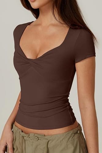 QINSEN Women's Sexy Twist Front V Neck T Shirts Double Lined Short Sleeve Slim Fit Crop Top Trendy Y2K Tops Tee thumbnail 2