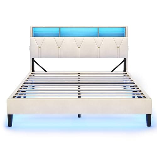 LED Full Bed Frame with Type-C & USB Charging Station, Full Size Bed Frame with Storage Headboard, Modern Velvet Upholstered Platform Bed with Shelf Headboard, Noise-Free, Creamy White thumbnail 8