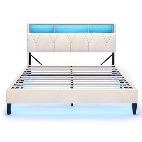 LED Full Bed Frame with Type-C & USB Charging Station, Full Size Bed Frame with Storage Headboard, Modern Velvet Upholstered Platform Bed with Shelf Headboard, Noise-Free, Creamy White thumbnail 9