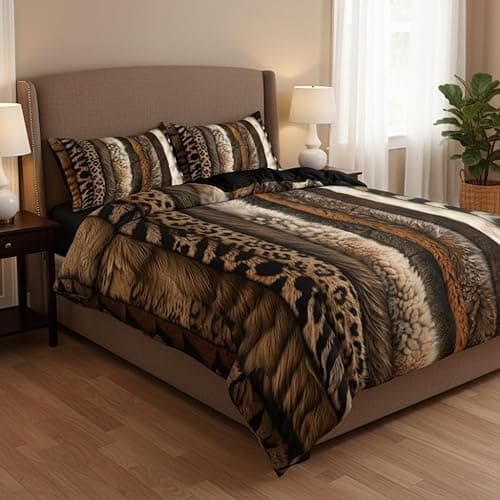 CCoutueChen Animal Print Comforter Sets Queen Size, Farmhouse Bedding Set with Leopard Stripe Patchwork, 3 Pcs Warm Microfiber Quilt Set with 2 Pillowcases, 90"x90" thumbnail 3
