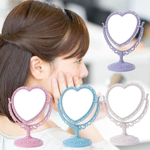 AKOAK Heart-Shaped Cosmetic Mirror - Plastic, Double-Sided, Rotatable, Lightweight - Bathroom & Bedroom Mirror (Blue) thumbnail 5