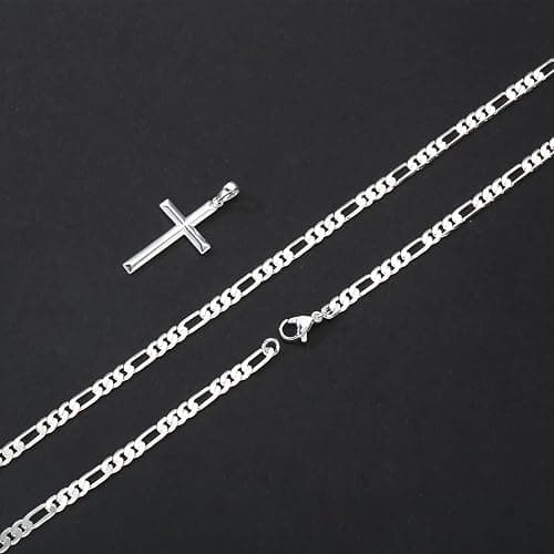 Ursteel S925 Sterling Silver Cross Pendant Cross Necklace for Men, Mens Cross Necklace 18K Gold Plated Silver Black Figaro Chain Necklace for Men Women 16 18 20 22 24 Inch Cross Necklace thumbnail 5