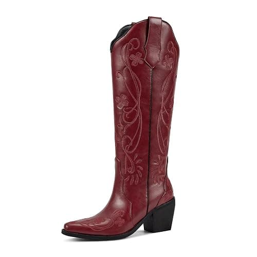 wetkiss Cowboy Boots for Women Knee High Cowgirl Boots, Western Boots with Floral Embroidered Pointed Toe Chunky Heel Pull On Retro Vintage Classic Tall Boots for Ladies - Image 1