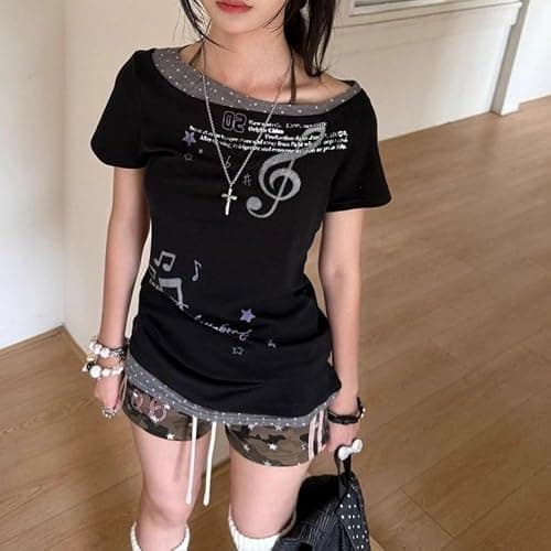 Harajuku Vintage Y2K Gyaru Music Graphic Tees Women Punk Gothic Shirts V Neck Slim Fit T-Shirts Summer Going Out Top thumbnail 2